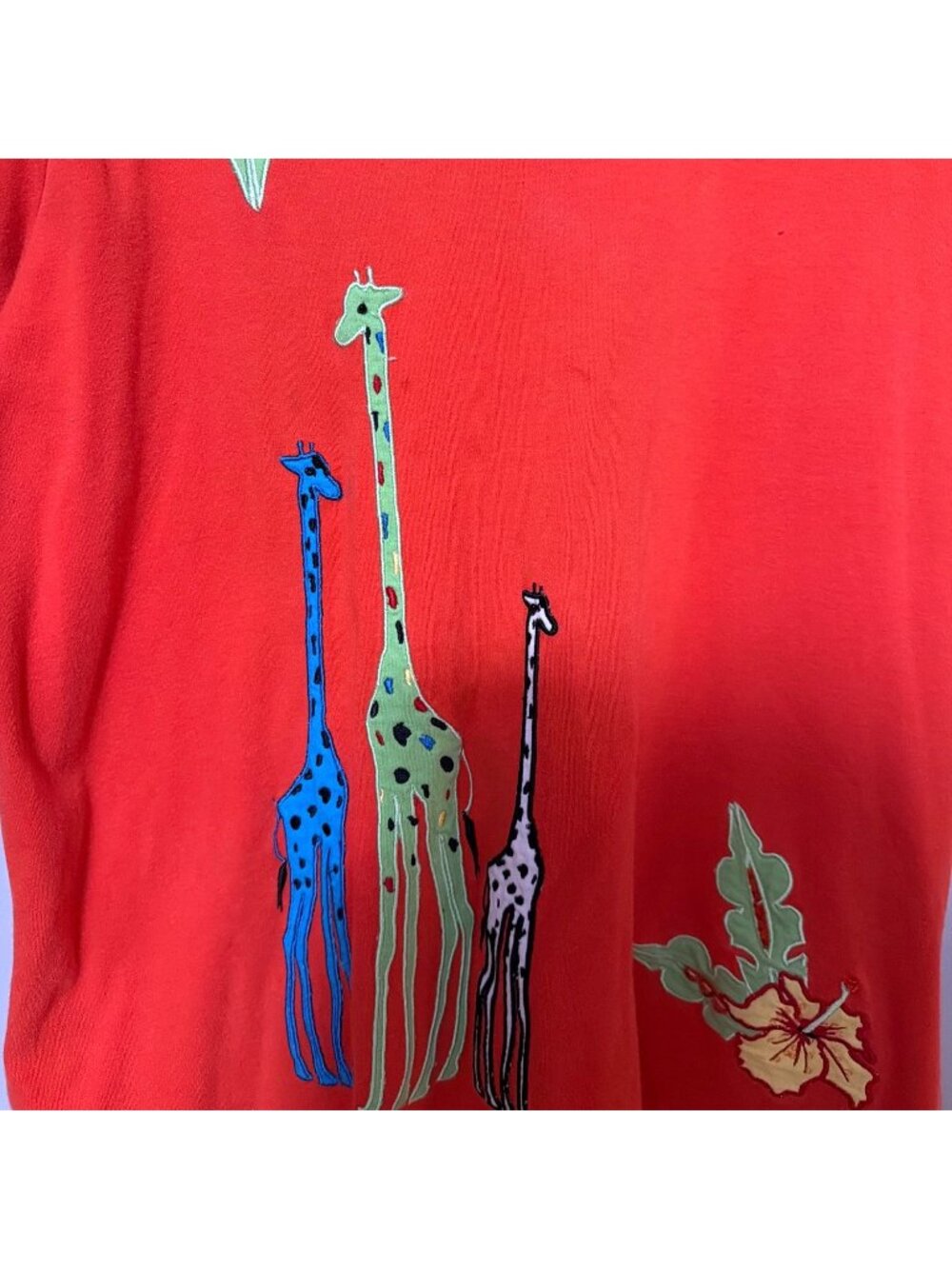 Orange Cotton T-Shirt Giraffe & Floral Appliqué Short Sleeves Beaded Neckline - Picture 2 of 7